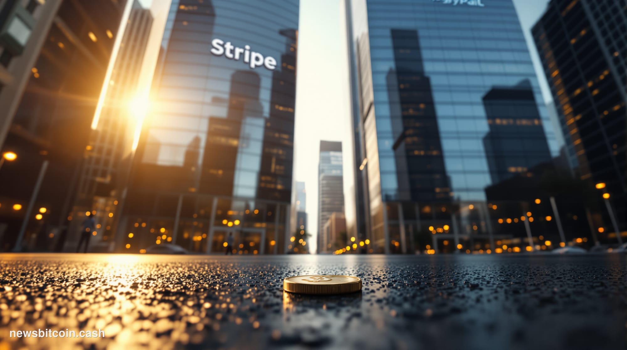 Cinematic photorealistic editorial photograph shot from a low angle looking up at two towering glass corporate headquarters f