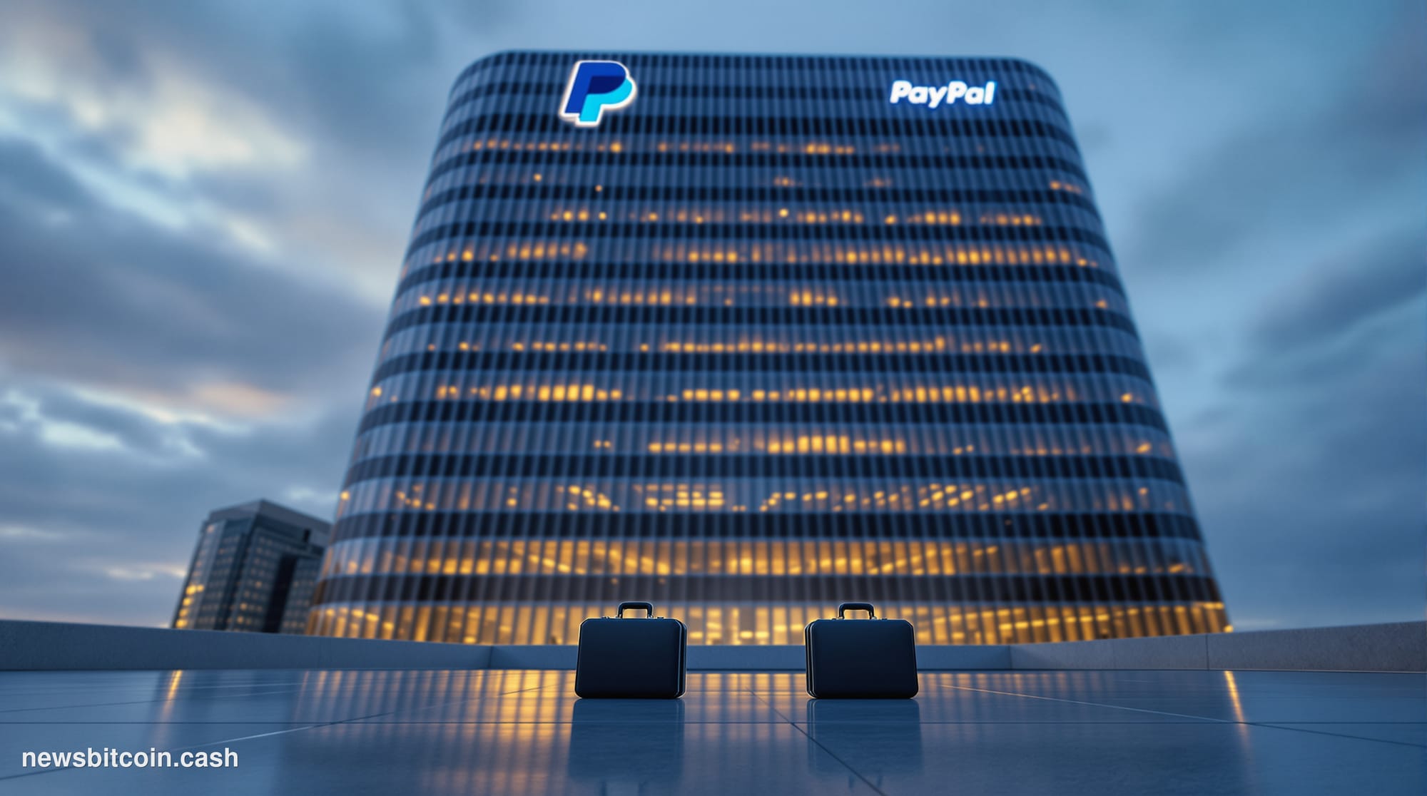 Cinematic photorealistic editorial photograph of PayPal's San Jose corporate headquarters building at dusk, its distinctive l