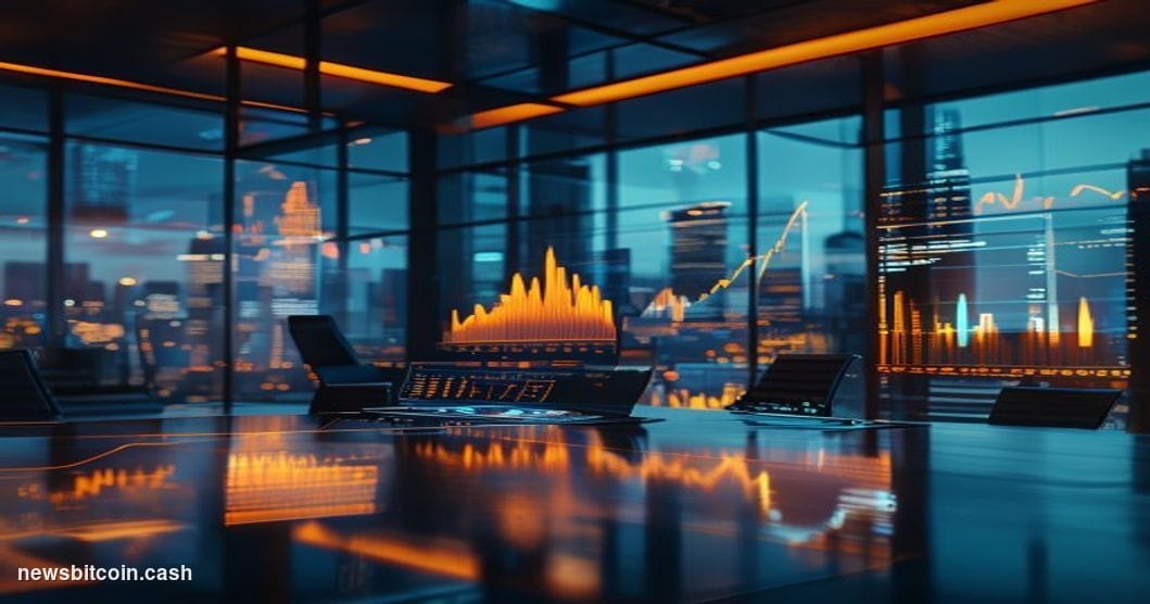 Cinematic photorealistic editorial photograph of a sleek corporate treasury operations room, dramatic side-lighting in cool b