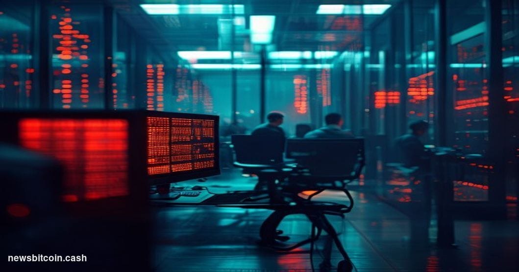 Cinematic photorealistic editorial photograph of a dimly lit server room or data center bathed in deep blue and amber emergen
