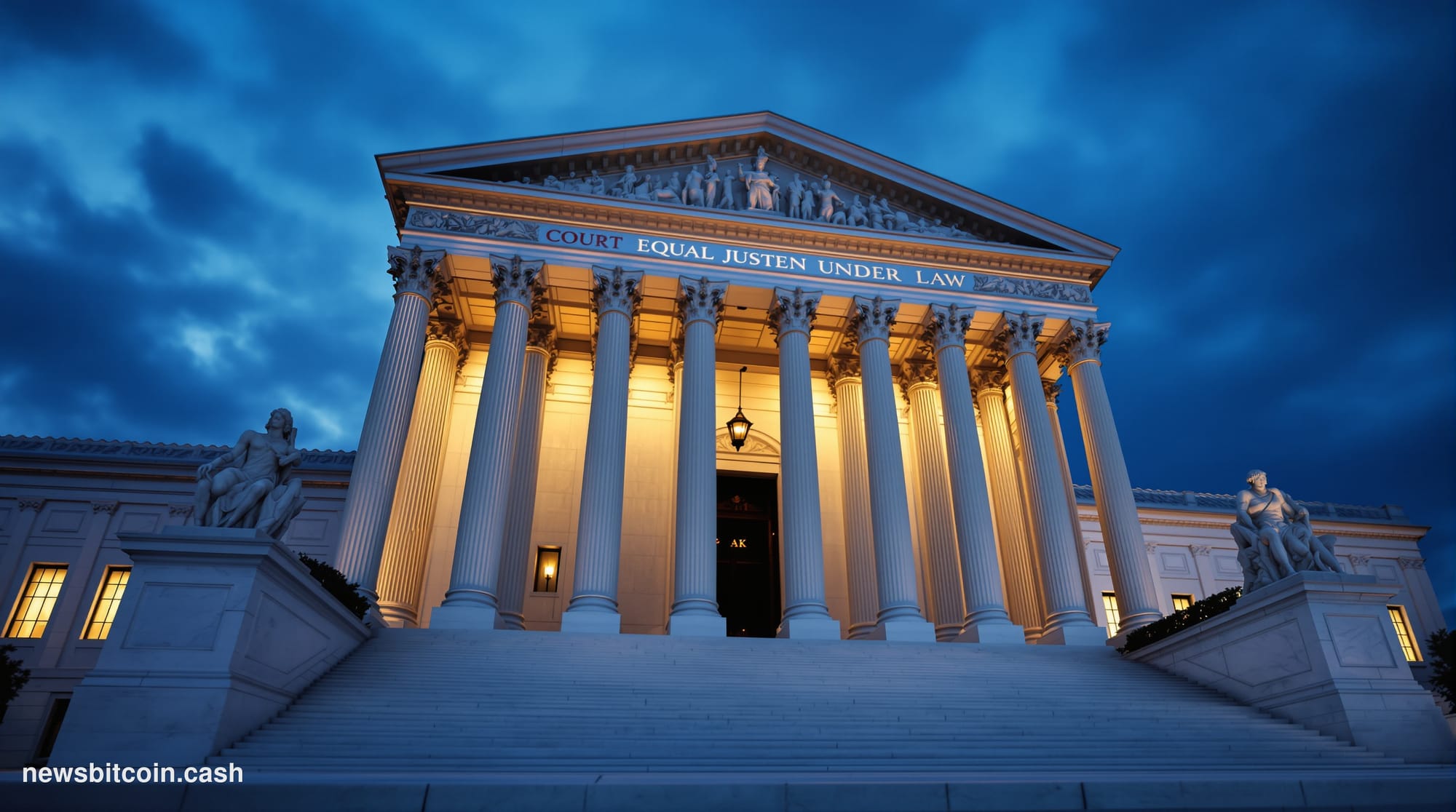 A cinematic photorealistic editorial photograph of the United States Supreme Court building in Washington D.C. at dusk, shot 