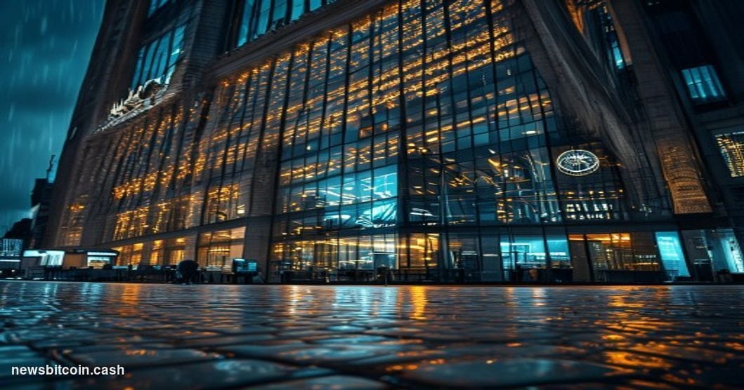 Cinematic photorealistic editorial photograph of a monumental banking operations center at night, shot from a low angle looki