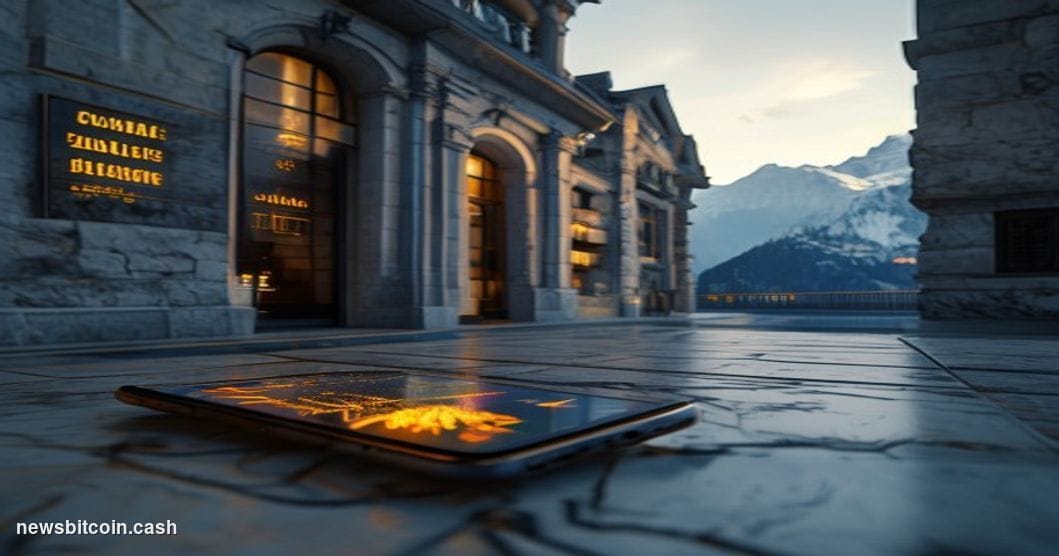 Cinematic photorealistic editorial photograph of a grand Swiss cantonal bank branch exterior in Ticino, Switzerland, with Alp