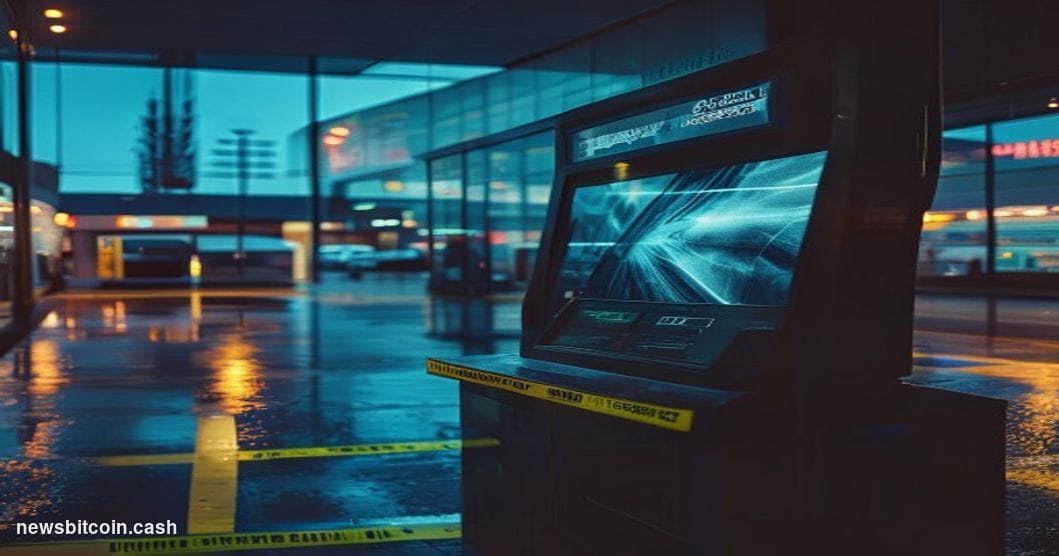 Cinematic photorealistic editorial photograph of a Bitcoin ATM kiosk inside a Tennessee convenience store or gas station, sho
