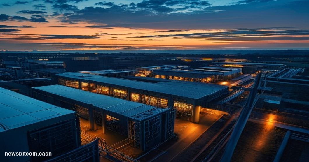 Cinematic photorealistic editorial photograph of a large-scale data center campus at dusk in rural Kentucky, shot from a low 
