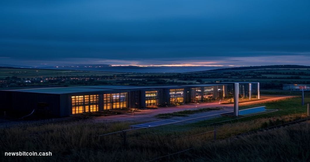 Cinematic photorealistic editorial photograph of a massive industrial data center campus in rural Kentucky at dusk, with roll