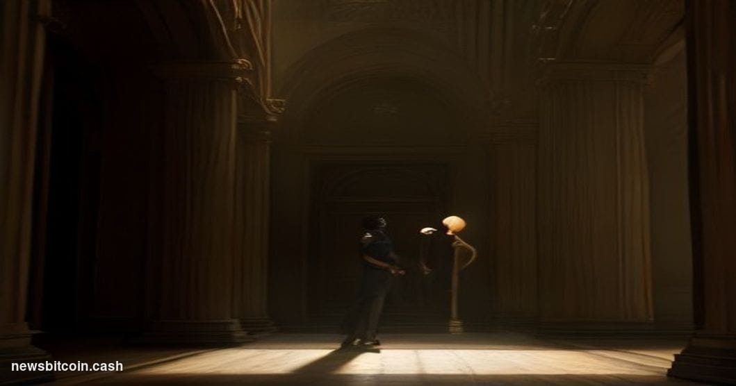 Cinematic photorealistic editorial photograph of Tether's implied financial weight: a gleaming vault interior with two stacks