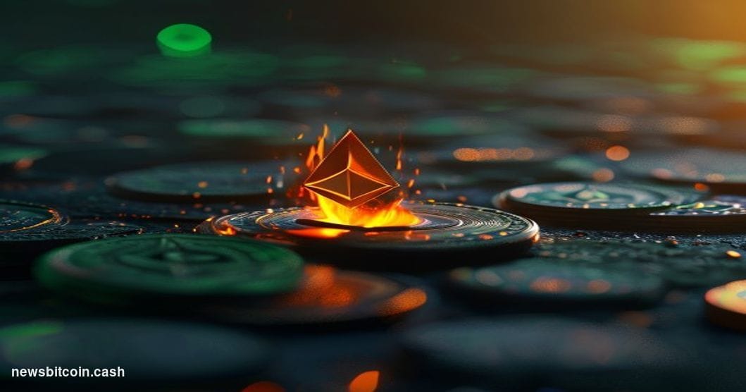 Cinematic photorealistic editorial photograph of a dramatic close-up of a physical Ethereum coin melting and dissolving into 