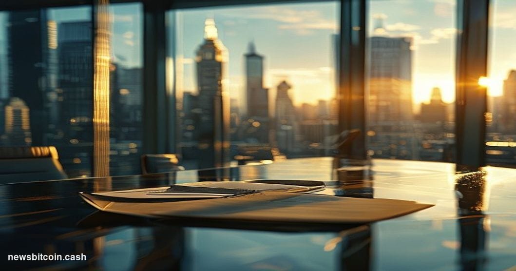 Cinematic photorealistic editorial photograph of a sleek, glass-walled investment bank boardroom viewed from a low angle, dra