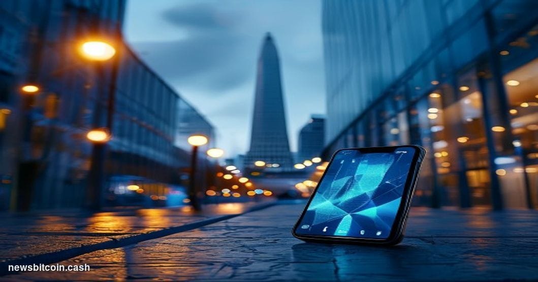 Cinematic photorealistic editorial photograph of a sleek Buenos Aires financial district street at dusk, the iconic Obelisco 