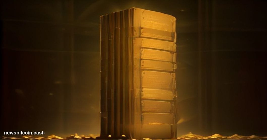 Cinematic photorealistic editorial photograph of towering stacks of gleaming gold bars arranged in a dramatic vault-like envi