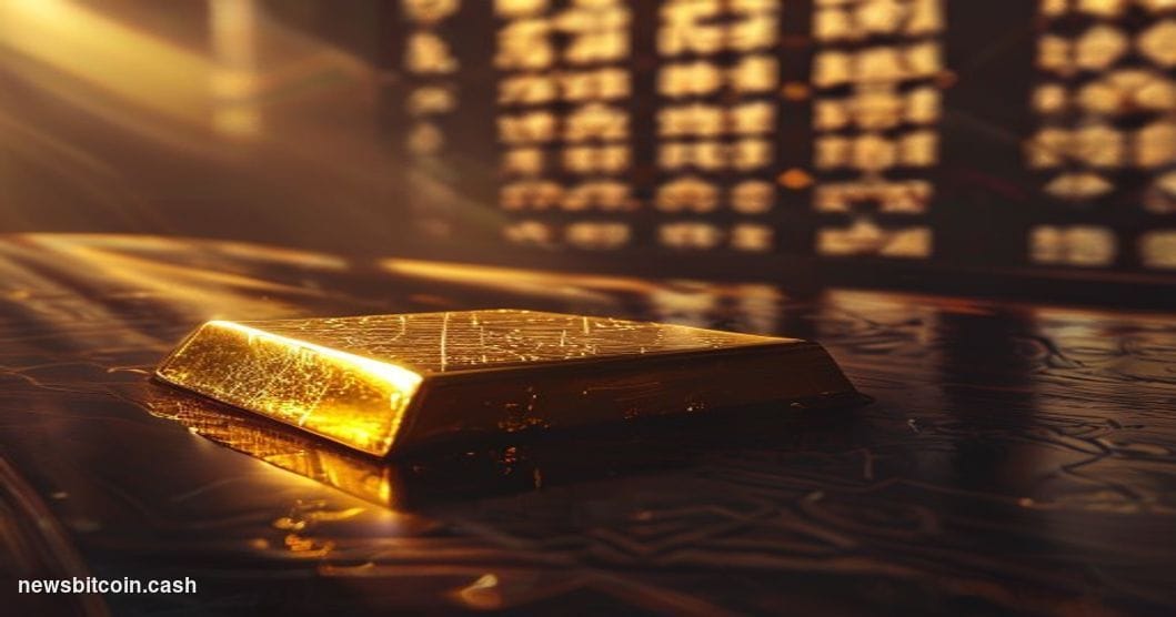 Cinematic photorealistic editorial photograph of a gleaming physical gold bar resting on an ornate dark wooden surface, with 