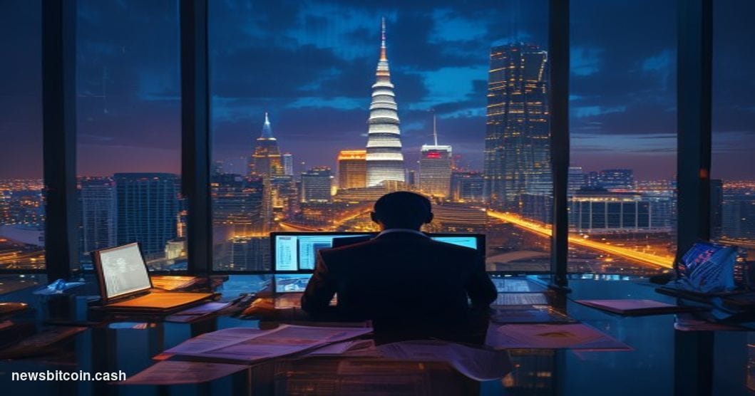 Cinematic photorealistic editorial photograph of the Bangkok financial district skyline at dusk, with the distinctive Mahanak