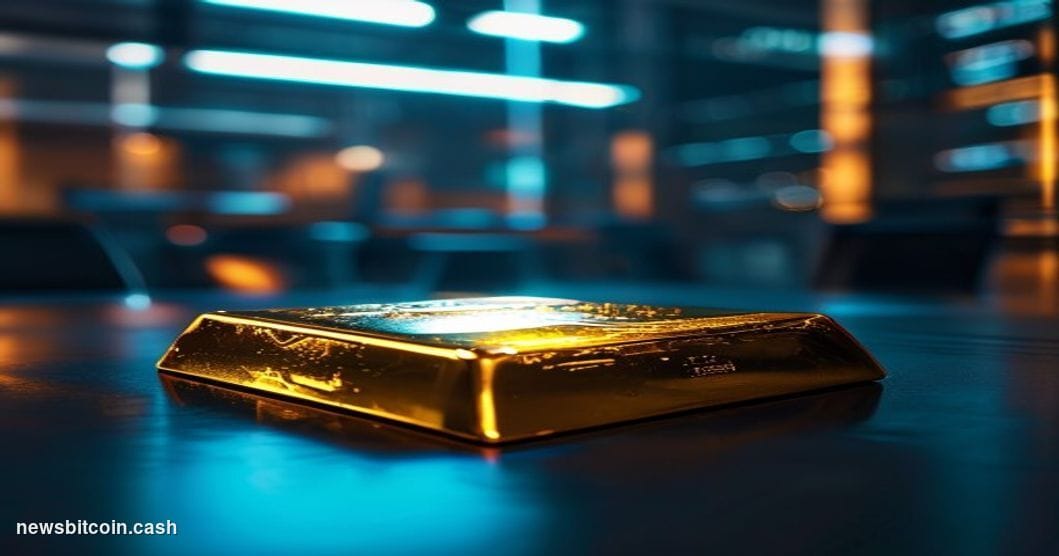 Cinematic photorealistic editorial photograph of a physical gold bar resting on a sleek dark trading desk, with a glowing dig
