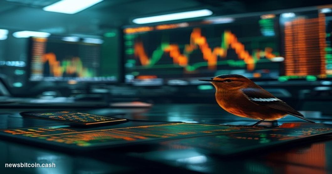 Cinematic photorealistic editorial photograph of a Robinhood-branded trading terminal in a sleek, dimly lit financial operati