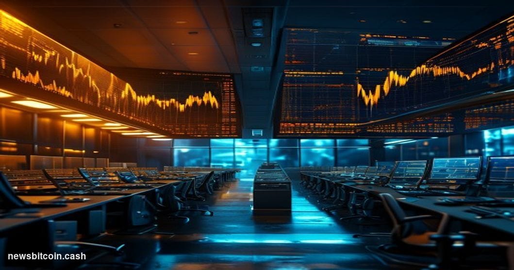 Cinematic photorealistic editorial photograph of a large financial trading floor viewed from a low angle, with massive dual s