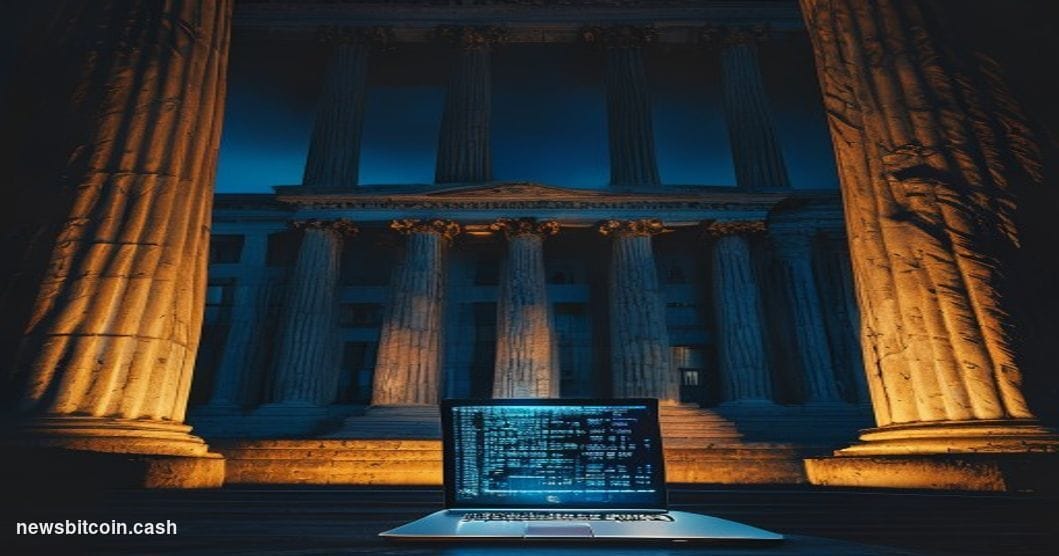 Cinematic photorealistic editorial photograph shot at dusk from a low angle looking up at the U.S. Department of the Treasury