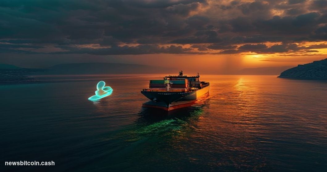 Cinematic photorealistic editorial photograph shot from a low maritime angle, looking across the dark blue-green waters of th