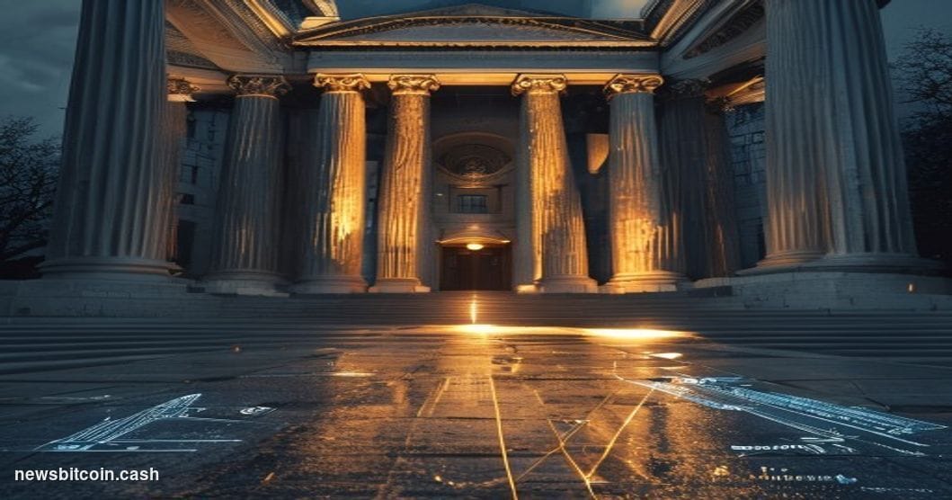 Cinematic photorealistic editorial photograph of the US Treasury Department building in Washington D.C., shot from a low angl