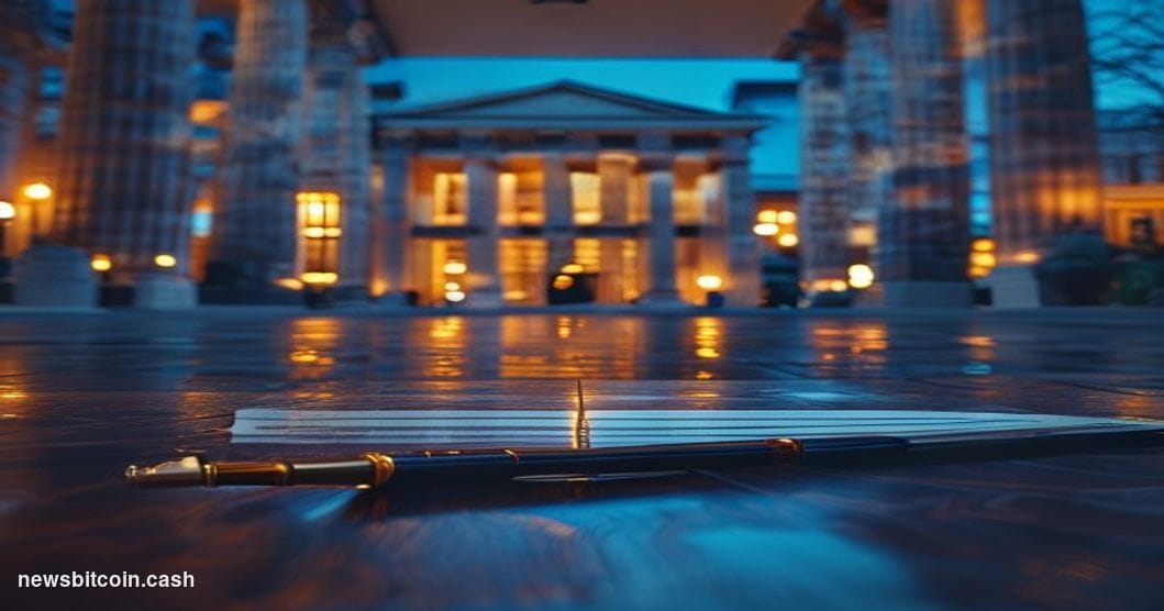 Cinematic photorealistic editorial photograph of the U.S. Treasury Building in Washington D.C., shot from a low angle at dusk