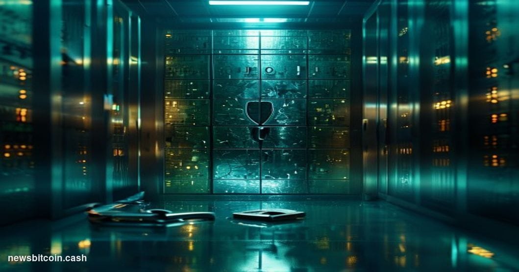 Cinematic photorealistic editorial photograph of a cracked open digital vault door in a dimly lit server room, with faint gre