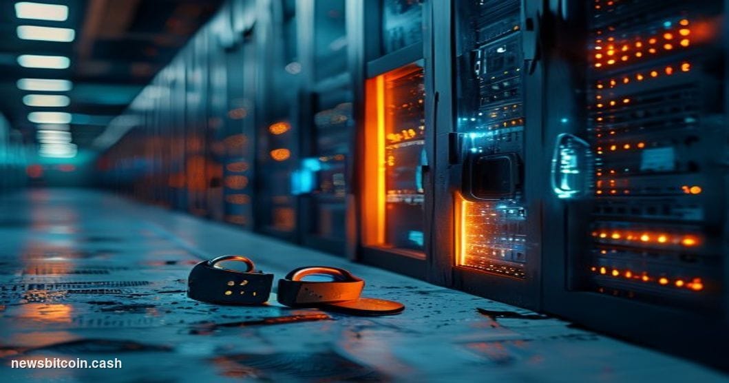Cinematic photorealistic editorial photograph of a cracked digital vault door rendered as a glowing server rack in a darkened