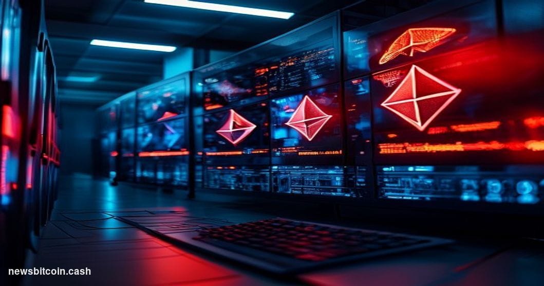 Cinematic photorealistic editorial photograph of a sleek fintech payments server room at night, with three large monitor scre