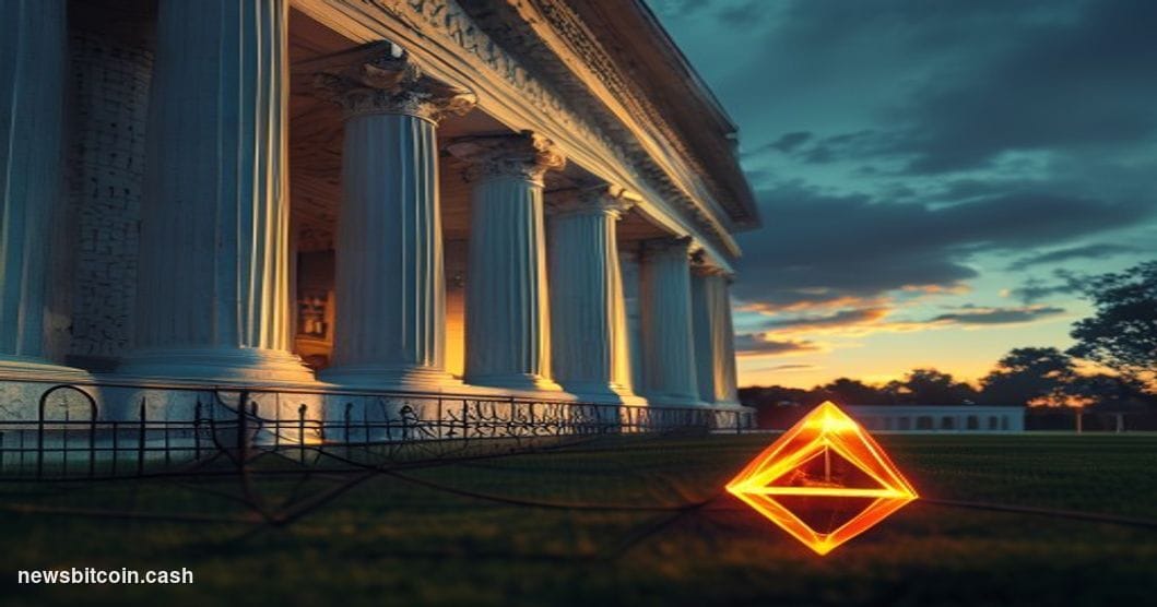 Cinematic photorealistic editorial photograph of the White House's North Portico at dusk, shot from a low angle with dramatic