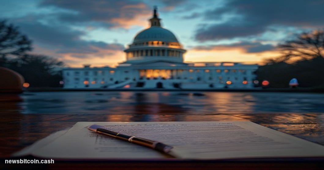 Cinematic photorealistic editorial photograph of the United States Capitol building at dusk, shot from a low angle with drama