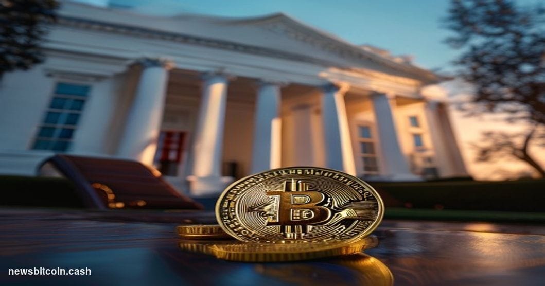 Cinematic photorealistic editorial photograph shot at a low angle looking up at the White House's South Portico at golden hou