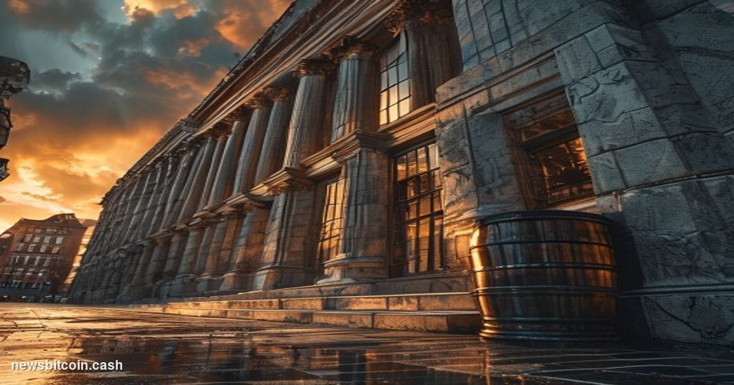 Cinematic photorealistic editorial photograph taken from a low angle looking up at the New York Stock Exchange facade on Wall