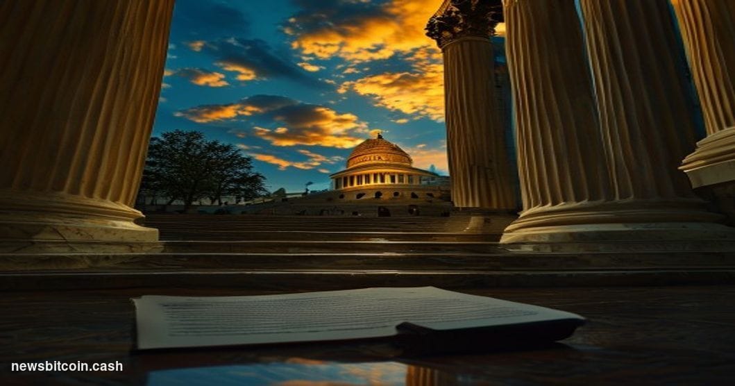 Cinematic photorealistic editorial photograph of the United States Capitol building at dusk, shot from a low angle looking up