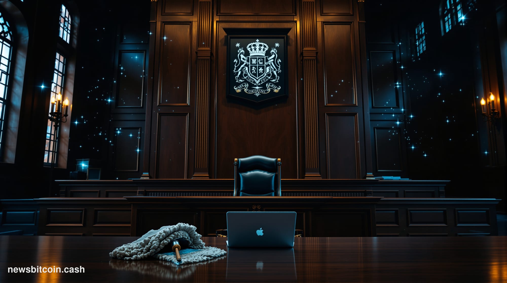 A cinematic photorealistic editorial photograph set inside a grand British courtroom — dark oak paneling, elevated judge's be