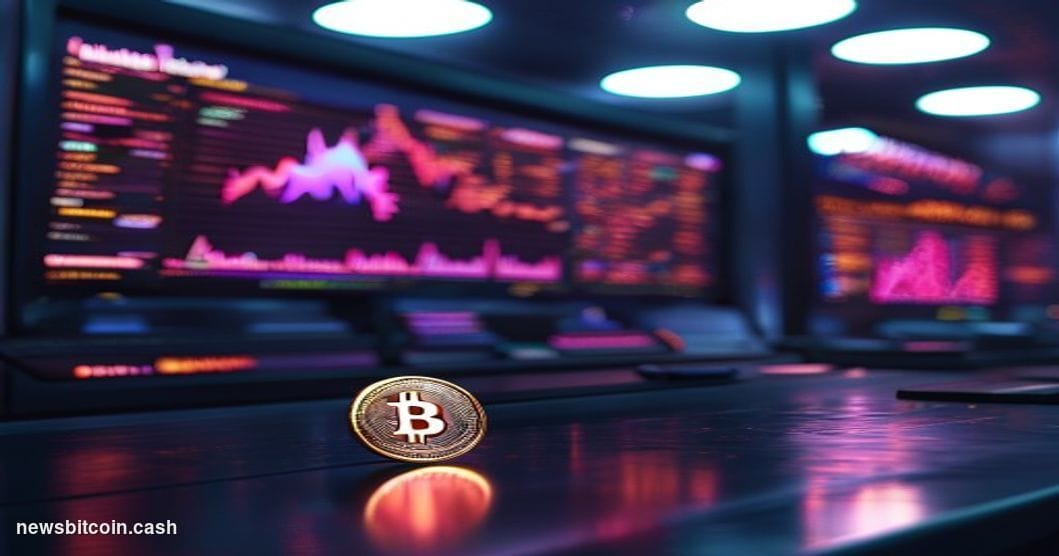 Cinematic photorealistic editorial photograph of a sleek cryptocurrency trading terminal in a darkened institutional finance 