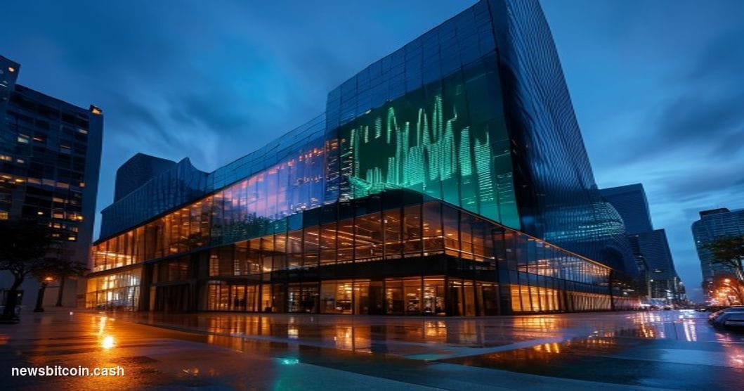 Cinematic photorealistic editorial photograph of the Coinbase San Francisco headquarters building at dusk, its glass facade r