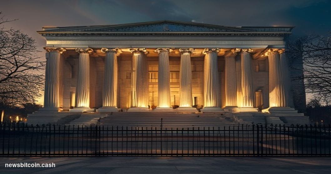 Cinematic photorealistic editorial photograph of the US Treasury Department headquarters building in Washington D.C., the neo