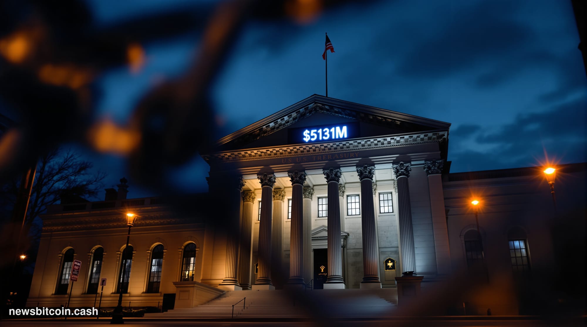 Cinematic photorealistic editorial photograph of the US Treasury building in Washington D.C. shot from a low angle at dusk, d