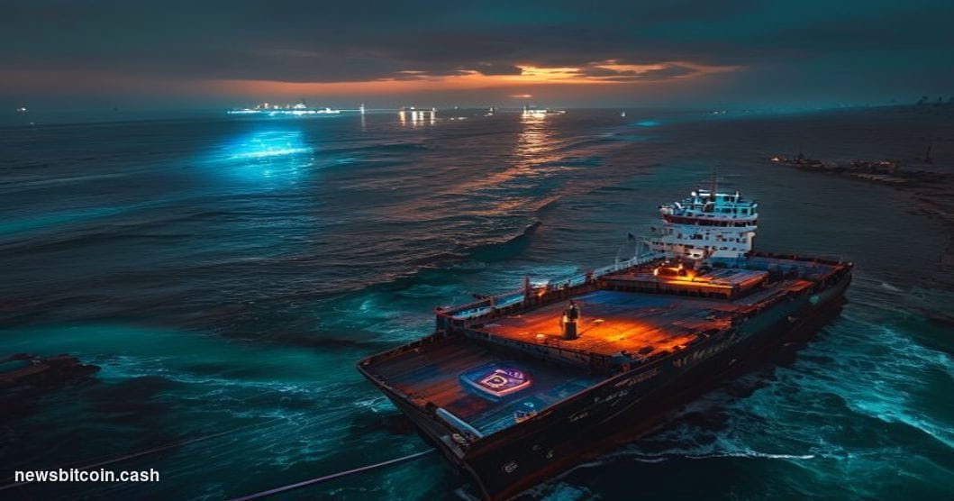 Cinematic photorealistic editorial photograph of the Strait of Hormuz viewed from a low drone angle at dusk, with a large com