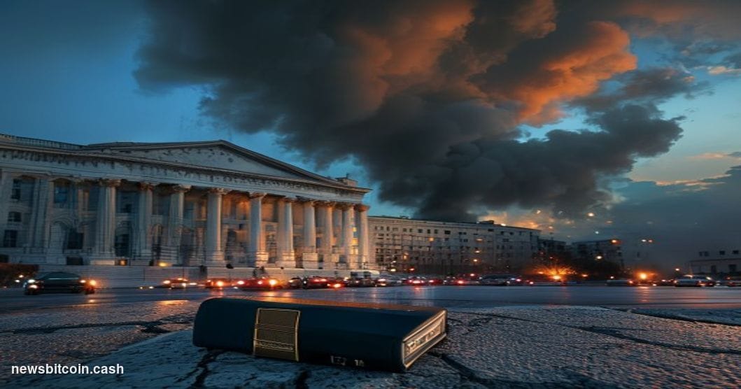 Cinematic photorealistic editorial photograph, dramatic split-composition: on the left, the imposing neoclassical facade of t