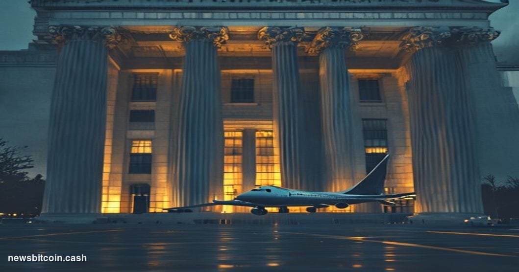 Cinematic photorealistic editorial photograph of the US Treasury Department building in Washington D.C., captured at dusk fro