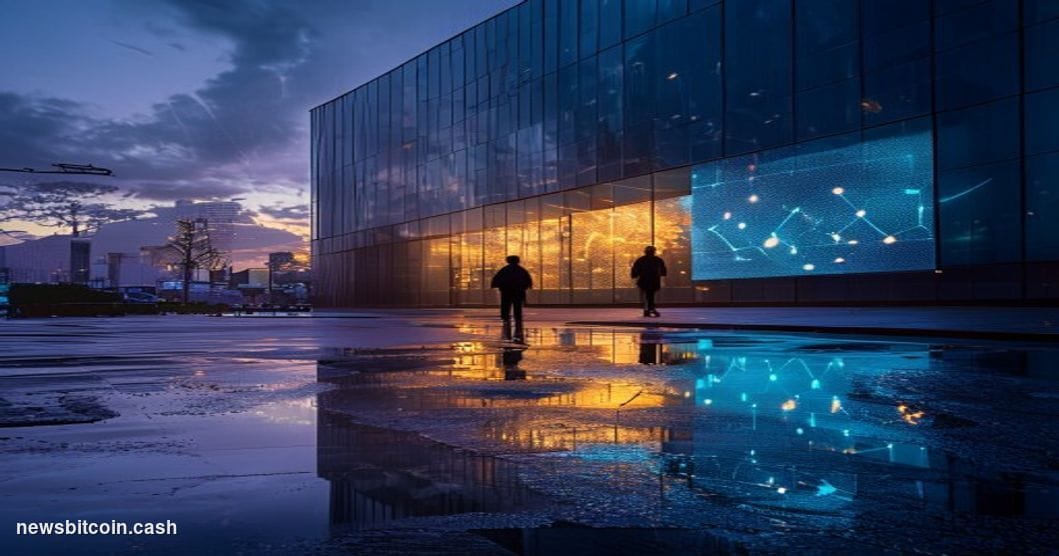 A cinematic photorealistic editorial photograph shot at twilight in San Francisco's tech corridor, focused on a modernist gla