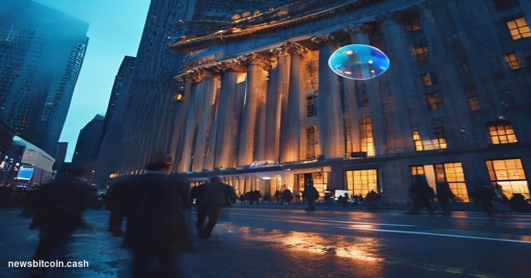 A cinematic photorealistic editorial photograph of the New York Stock Exchange building on Wall Street, shot at dusk with dra
