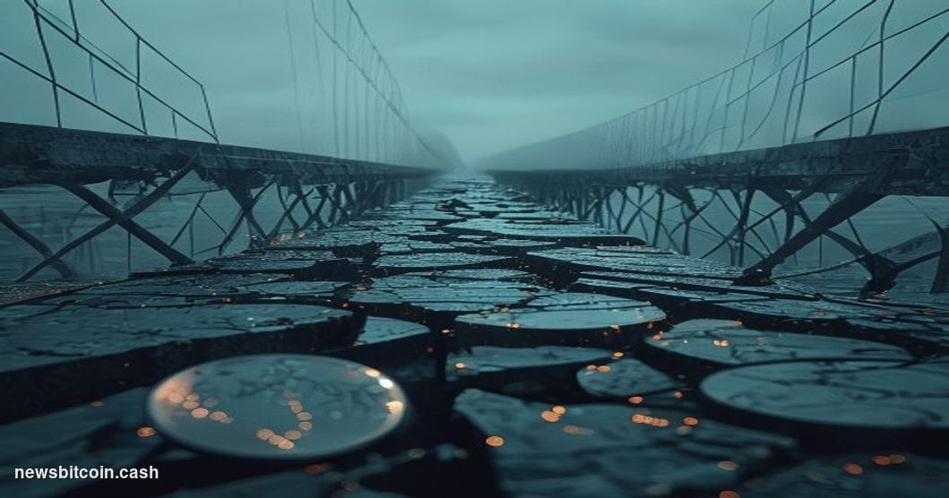 Cinematic photorealistic editorial photograph of a shattered digital bridge structure rendered as physical cracked concrete a