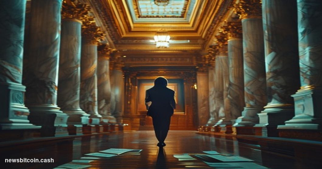 Cinematic photorealistic editorial photograph of the United States Senate chamber corridor in Washington D.C., shot from a lo