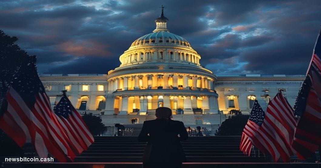 Cinematic photorealistic editorial photograph of the United States Capitol building at dusk, shot from a low angle looking up