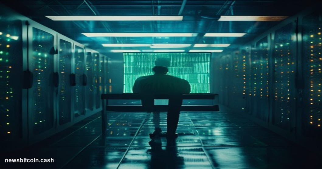 A cinematic photorealistic editorial photograph shot in a dimly lit server room environment with a central monitor displaying