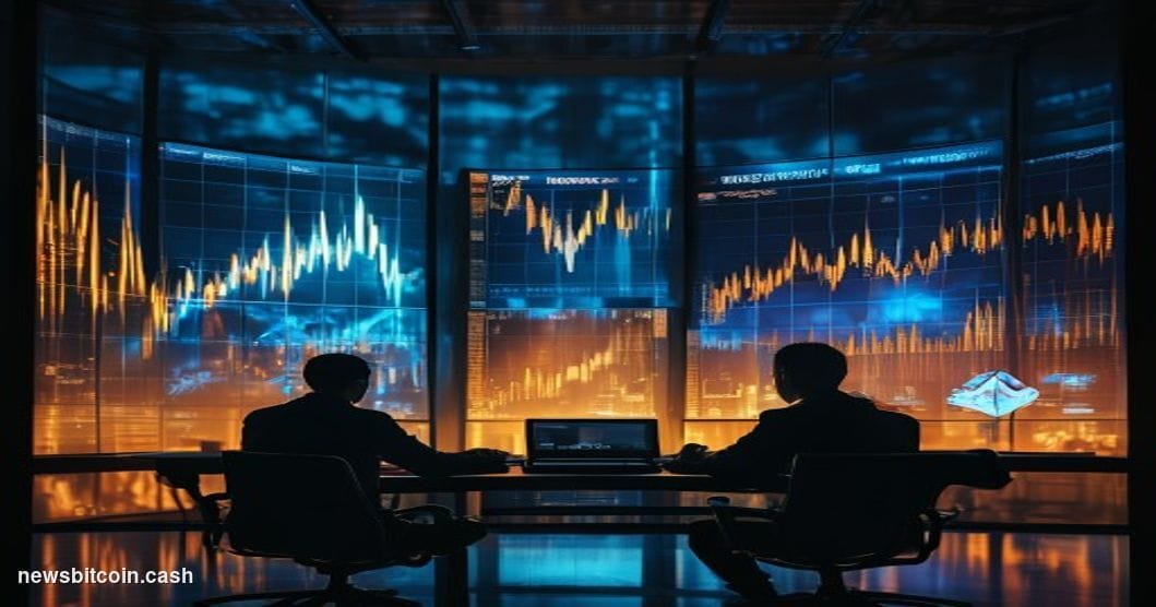 Cinematic photorealistic editorial photograph of a dark, moody trading floor environment at night, dominated by two enormous 