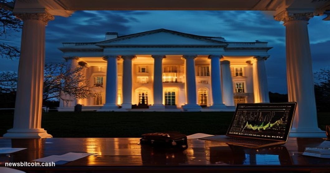 Cinematic photorealistic editorial photograph of the White House's West Wing exterior at dusk, shot from a low angle with the