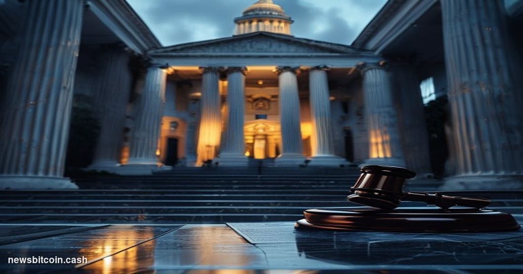 Cinematic photorealistic editorial photograph of the United States Department of Justice building in Washington D.C., shot at