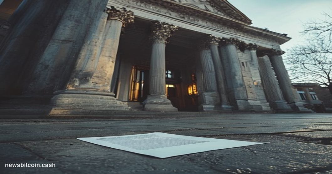 A cinematic photorealistic editorial photograph shot from a low angle looking up at a federal courthouse facade in Wisconsin,